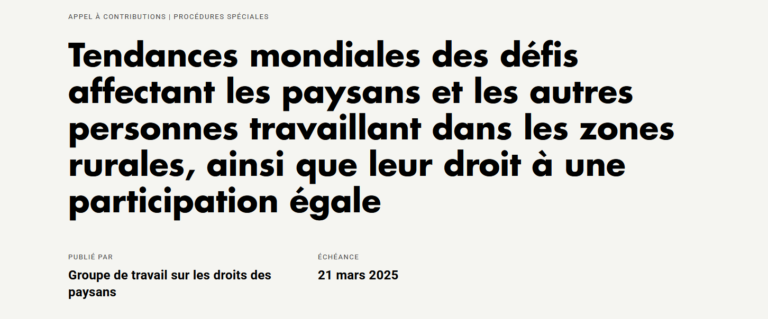 Appel à contributions – Tendances mondiales des défis affectant les paysans et les autres personnes travaillant dans les zones rurales, ainsi que leur droit à une participation égale